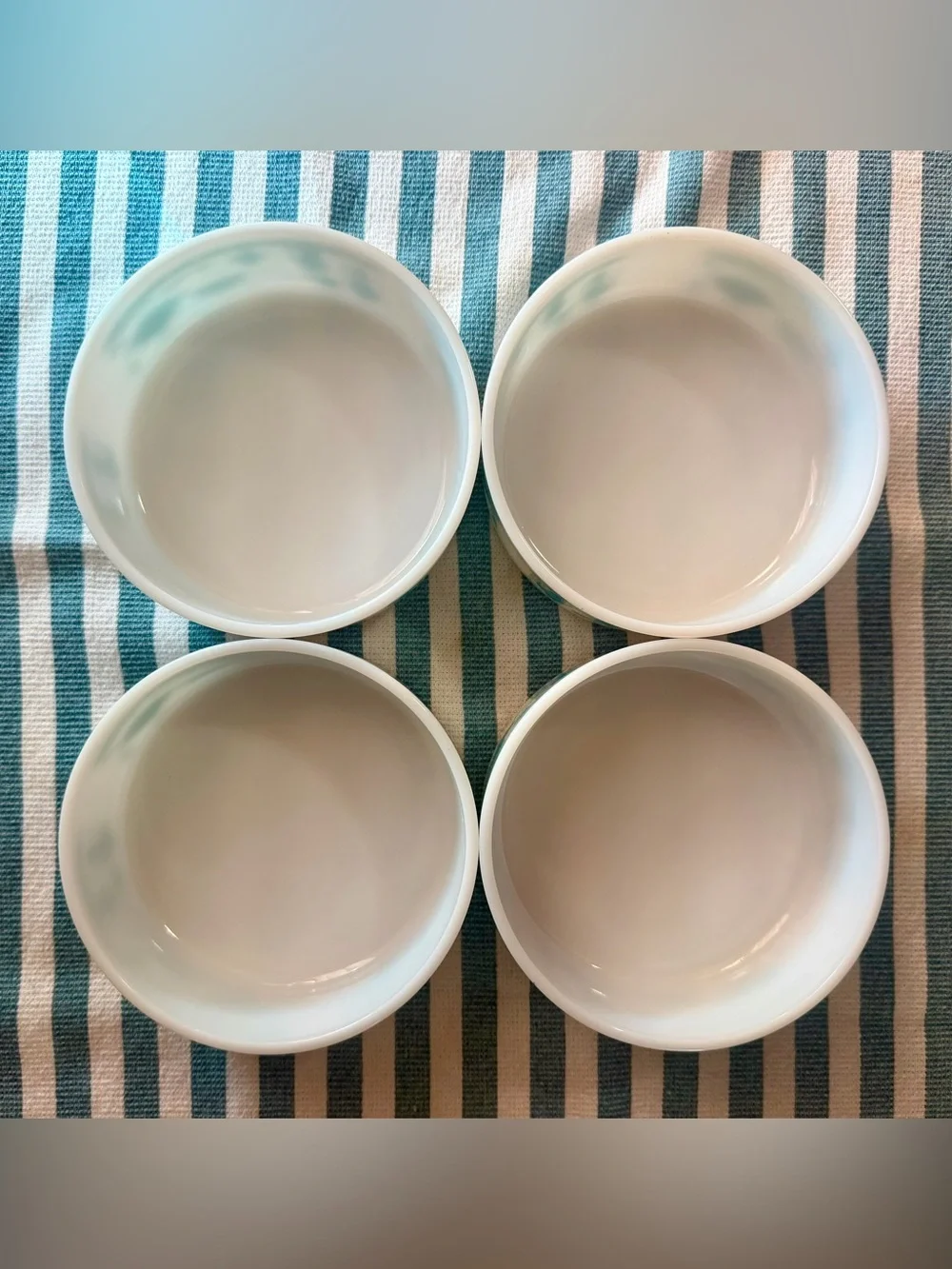 Vintage 1950s Hazel Atlas Kitchen Aids Milk Glass Turquoise Teal Set of 4 Bowls